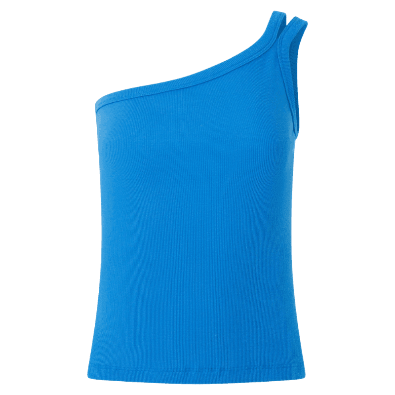 Blusa em Ribana com Um Ombro Só e Alça Dupla Azul