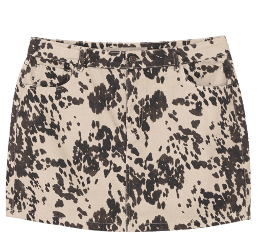 Saia Curta Em Sarja Com Estampa Animal Print Vaca Curve & Plus Size Bege
