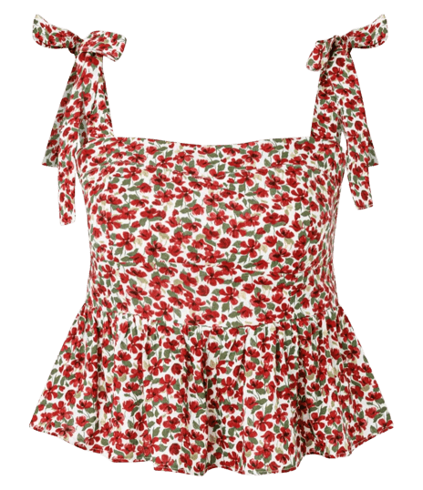 Blusa Peplum Floral com Alça de Amarração Vermelho
