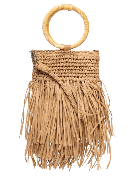 Bolsa Feminina De Palha Com Franjas Bege Mktbeach