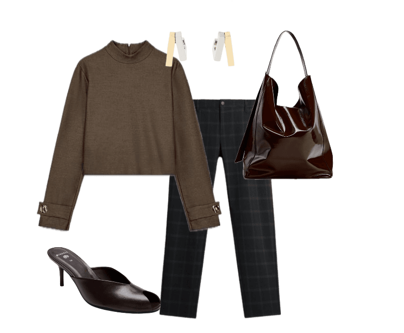 Look elegante e versátil: blusa gola alta, calça xadrez e mules para o dia a dia