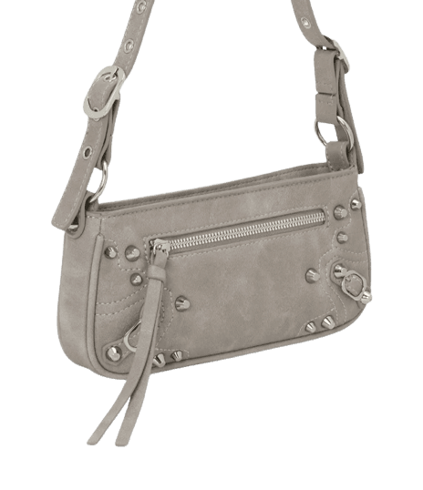 Bolsa Baguete com Detalhes em Metal e Alça Regulável Cinza