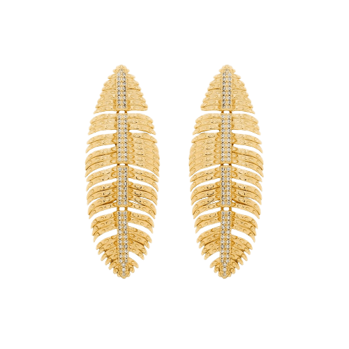 Brinco Dourado de Pena Cravejado de Zircônia