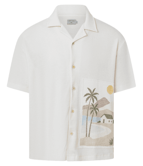 Camisa Boxy Em Tricoline Com Estampa Praia Tropical Branco