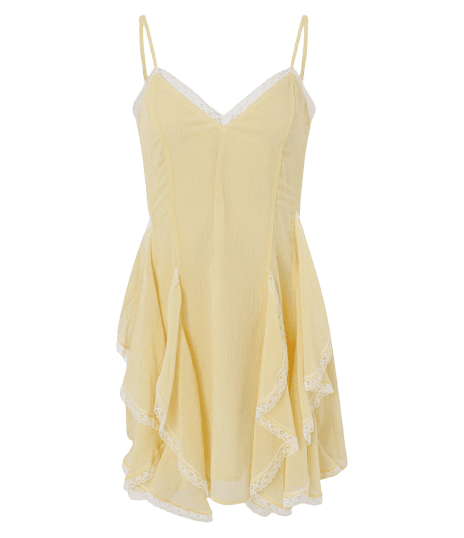 Vestido Curto de Alcinha em Chiffon com Babados e Detalhe em Renda