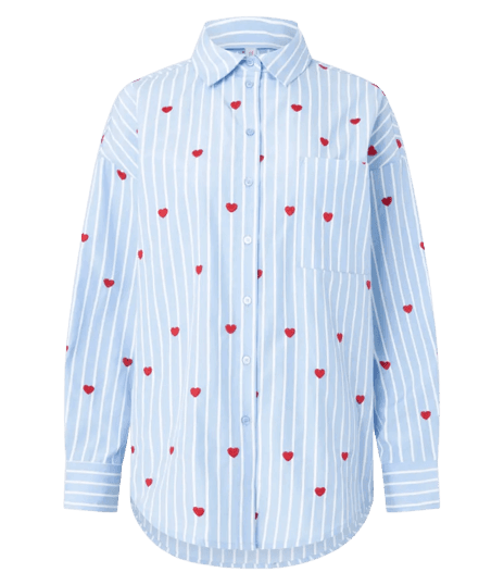 Camisa Alongada em Tricoline com Bordado de Corações e Listras Azul