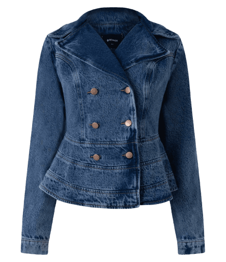 Jaqueta Peplum Jeans Acinturada com Abotoamento Duplo