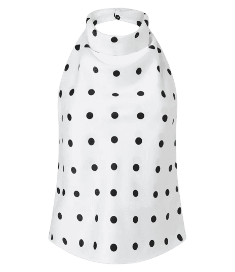 Blusa em Cetim com Gola Alta e Estampas de Bolinhas Branco