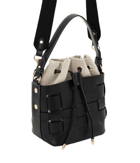 Bolsa Bucket Pequena em PU com Bolso Interno Removível Preto