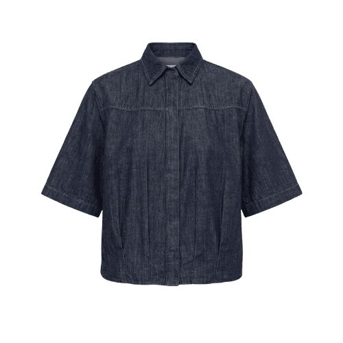 Camisa Feminina Jeans Manga Curta com Pregas Azul