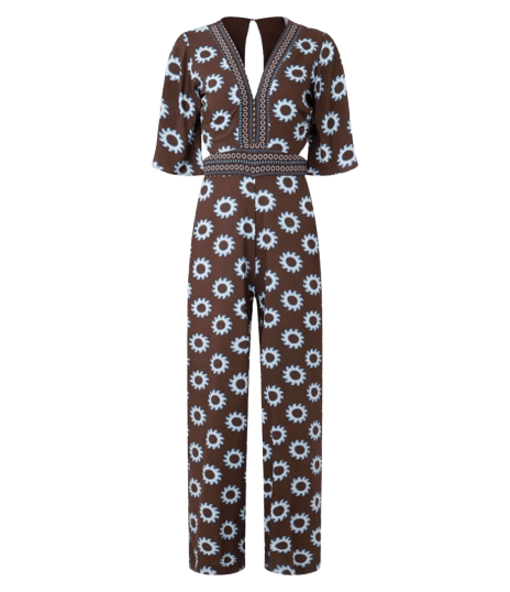 Macacão em Viscose com Decote V e Estampado Marrom Médio