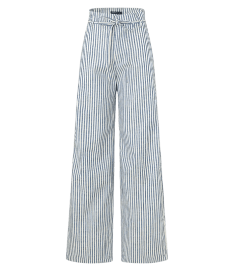 Calça Wide Leg em Sarja com Listras e Cinto Fino Azul Médio