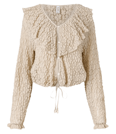 Blusa Bata em Renda Texturizada com Babados no Decote Bege Claro