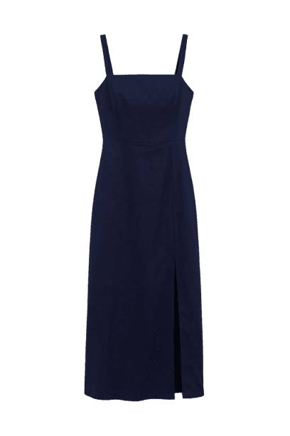vestido midi feminino com linho e fenda azul