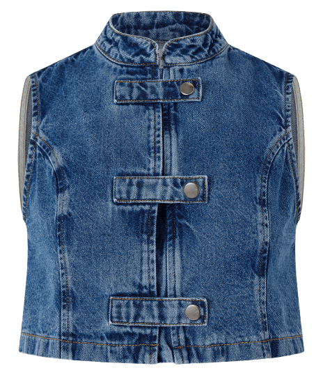 Blusa Cropped em Jeans com Gola Mandarim e Botões Frontais