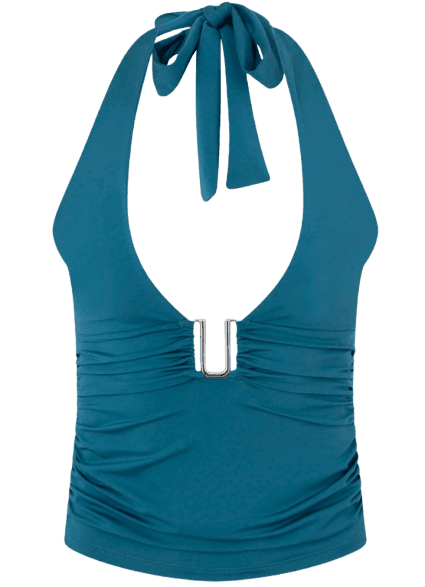 Blusa Frente Única Em Microfibra Com Aviamento E Amarração Azul