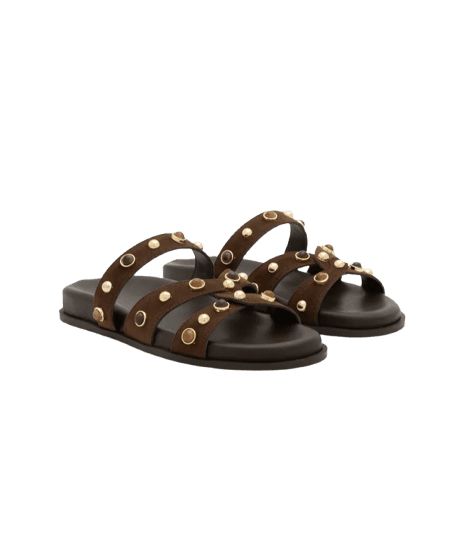 Sandália Rasteira com Pedrarias nas Tiras Marrom