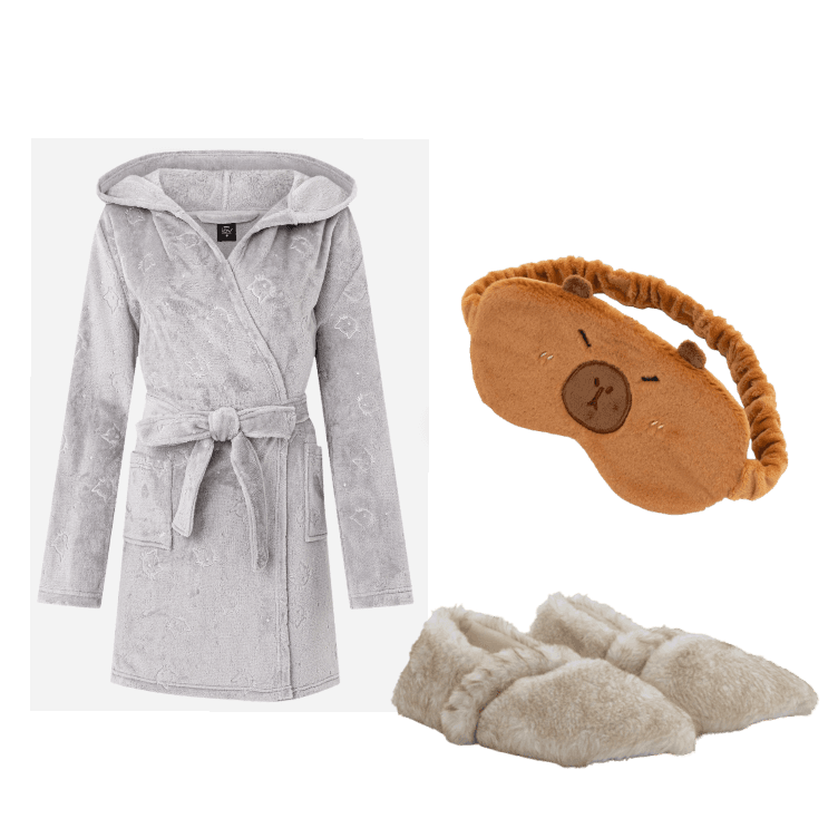 Kit comfy: roupão cinza + máscara de dormir + pantufa