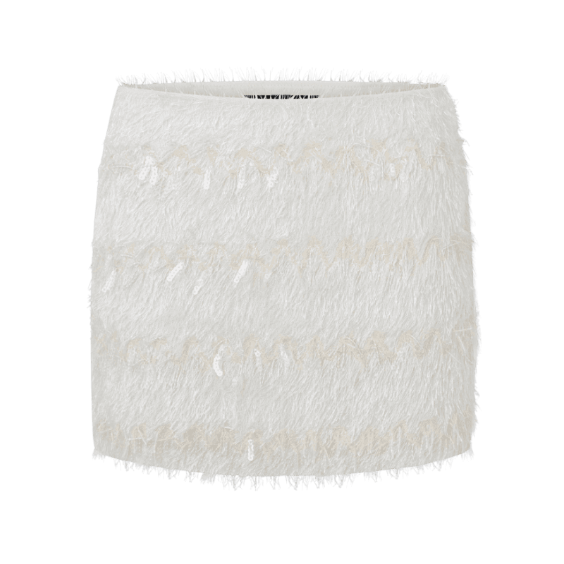 Saia Curta com Franjas e Paetês Off White
