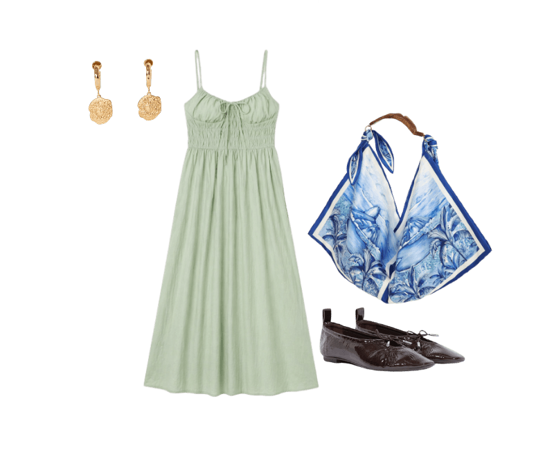 Look fresco e elegante: vestido midi verde menta com acessórios azuis e dourados