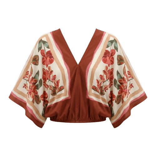 bata feminina com viscose decote v manga curta floral laranja
