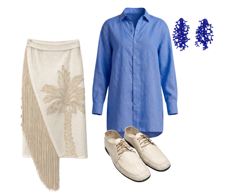 Look verão chic: saia envelope com franjas e camisa de linho azul