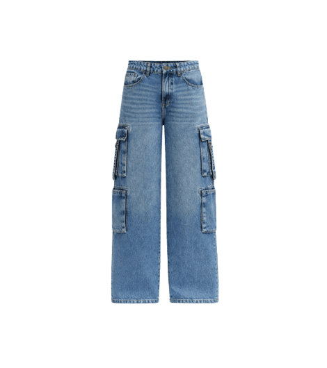 calça cargo feminina jeans cintura média azul