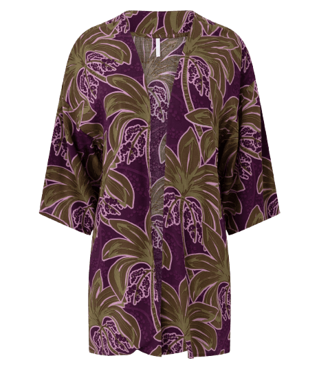 Saída de Praia Kimono em Viscolinho com Estampa de Coqueiro Roxo/Verde