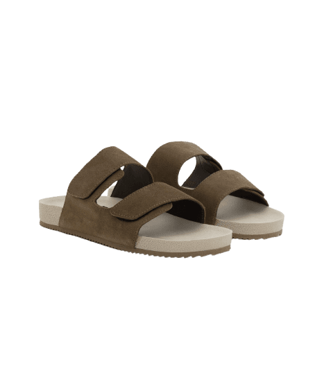 Sandália Slide em Camurça e Tiras com Velcro Marrom Claro