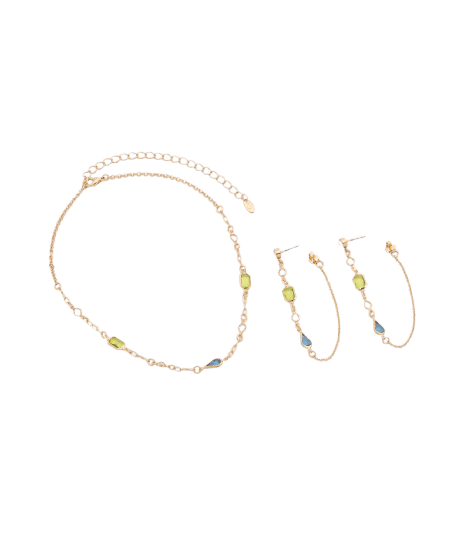 Conjunto de Colar Médio e Brincos com Enfeite de Pedras Dourado