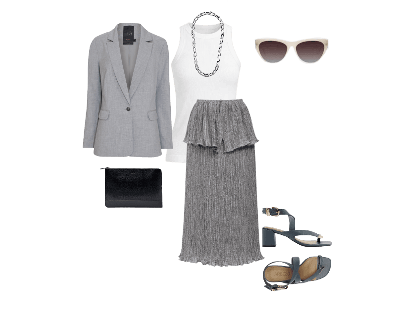 Look elegante e versátil: blazer cinza, saia plissada e acessórios modernos
