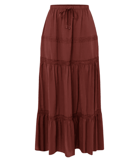 Saia Longa em Viscolinho Texturizado com Renda e Detalhe em Entremeio Vermelho