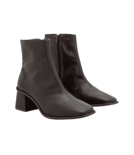 Bota Cano Médio em Couro com Bico Quadrado e Salto Bloco Marrom