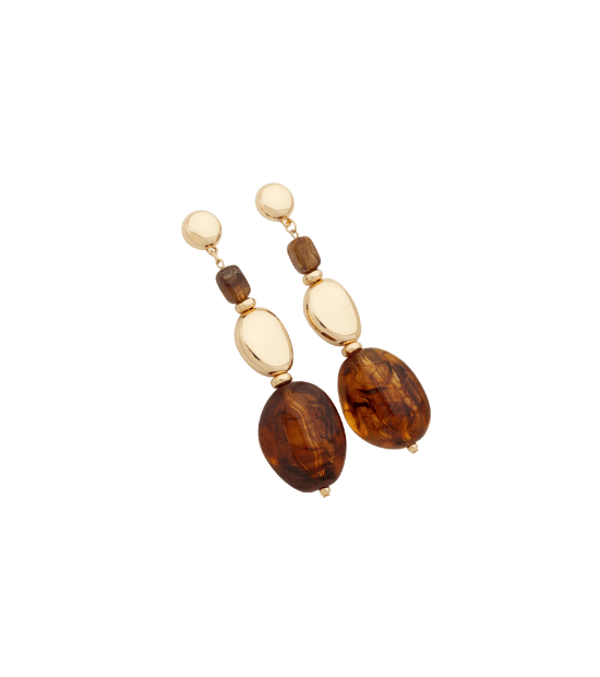 Maxi Brinco com Pingentes Orgânicos em Resina Dourado/Marrom
