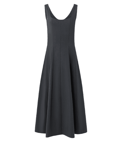Vestido Evasê Midi em Viscose com Decote Quadrado e Recortes Cinza