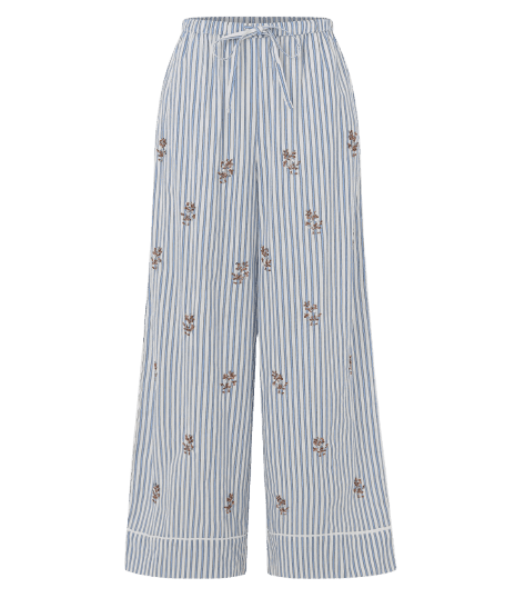 Calça Reta em Tricoline Listrado com Bordado em Beads