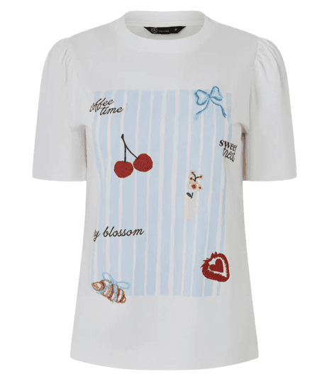 Camiseta com Manga Frufru com Estampa Divertida Branco
