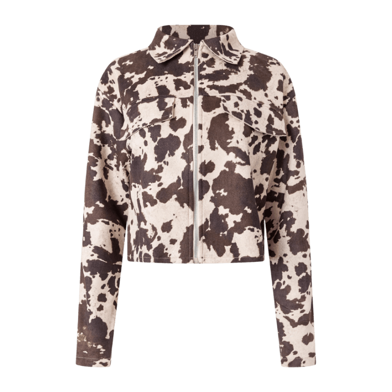 Jaqueta em Suede com Bolso Fake e Estampa Animal Print Bege