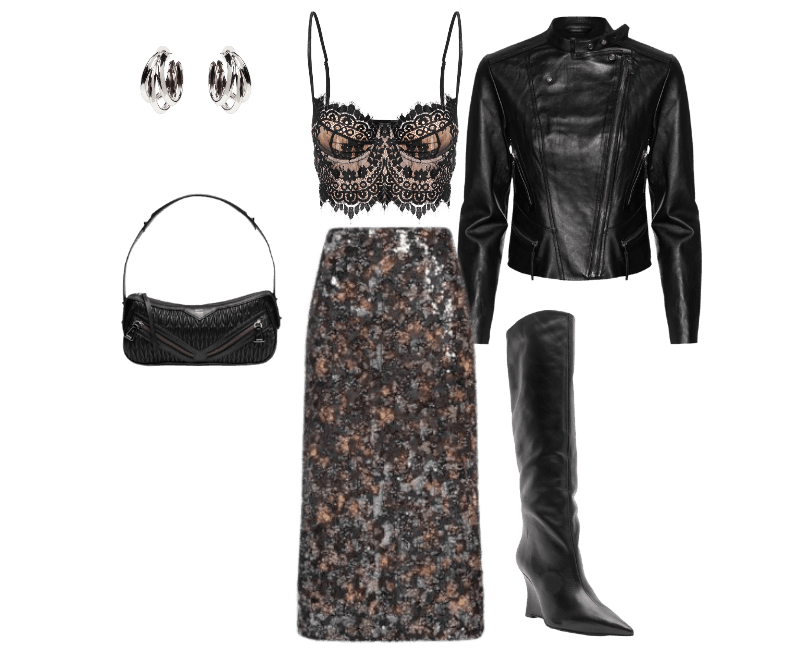 Look noturno ousado: jaqueta de couro, renda e saia midi estampada