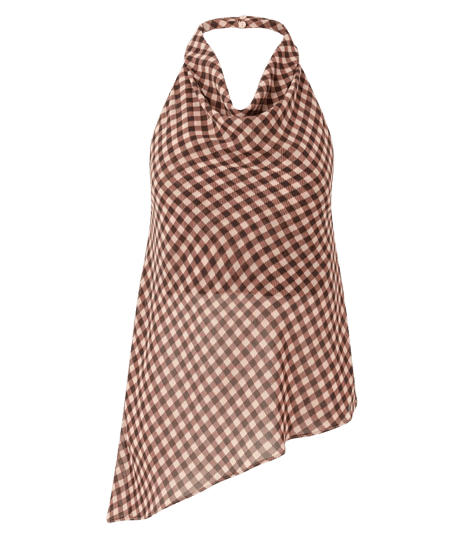 Blusa Frente Única em Chiffon com Estampa Xadrez Marrom