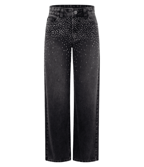Calça Comfort Reta em Jeans com Brilho Losango e Cintura Baixa