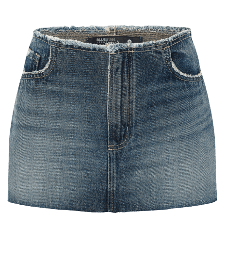 Minissaia em Jeans com Barra Desfiada e Detalhes Destroyed