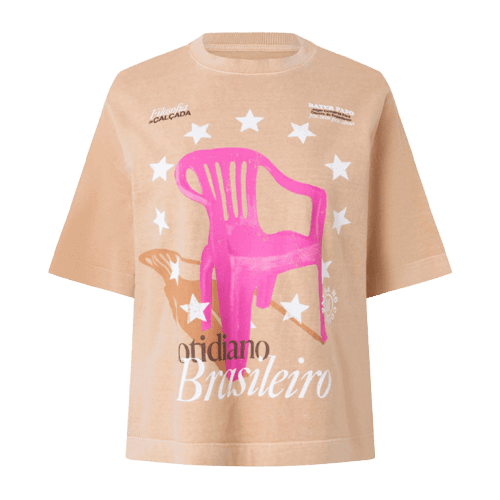 Camiseta Over em Algodão com Estampa Cotidiano Brasileiro Bege