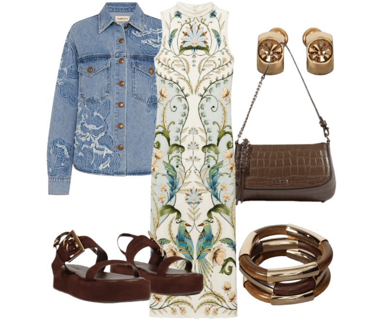 Look versátil: vestido floral midi com jaqueta jeans e acessórios boho chic
