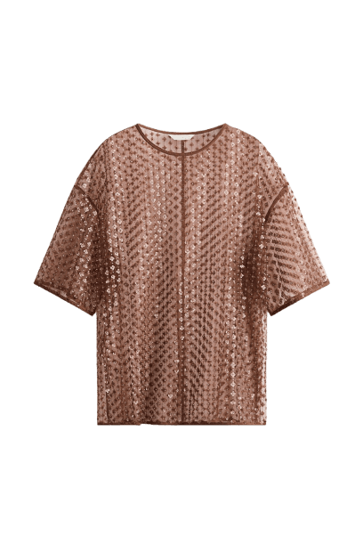 Blusa em malha mesh com lantejoulas