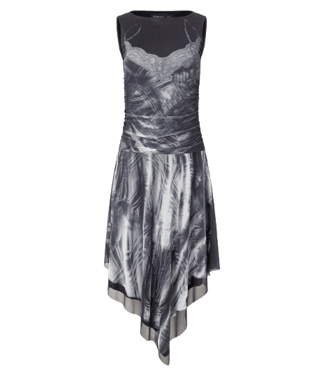 Vestido Midi em Tule com Estampa Abstrata e Barra Assimétrica