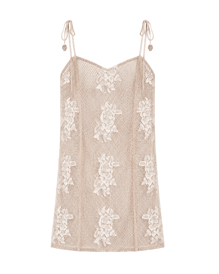 Vestido Curto em Algodão Transparente com Renda Floral