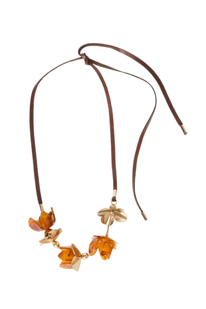 Colar De Couro Marrom Com Flores