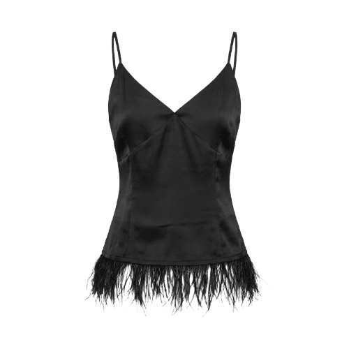 regata alça fina feminina acetinada com plumas mindset preta