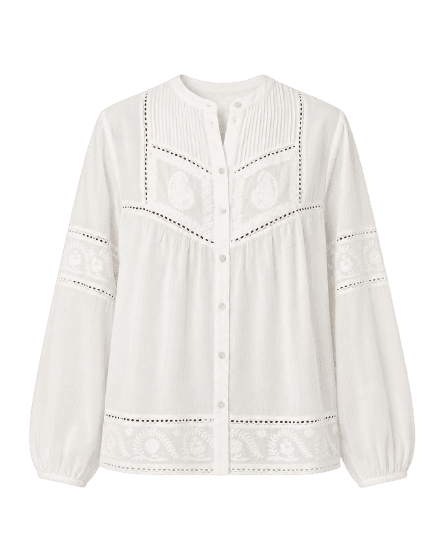 Camisa Bata De Voil De Algodão Bordado Paisley Off White